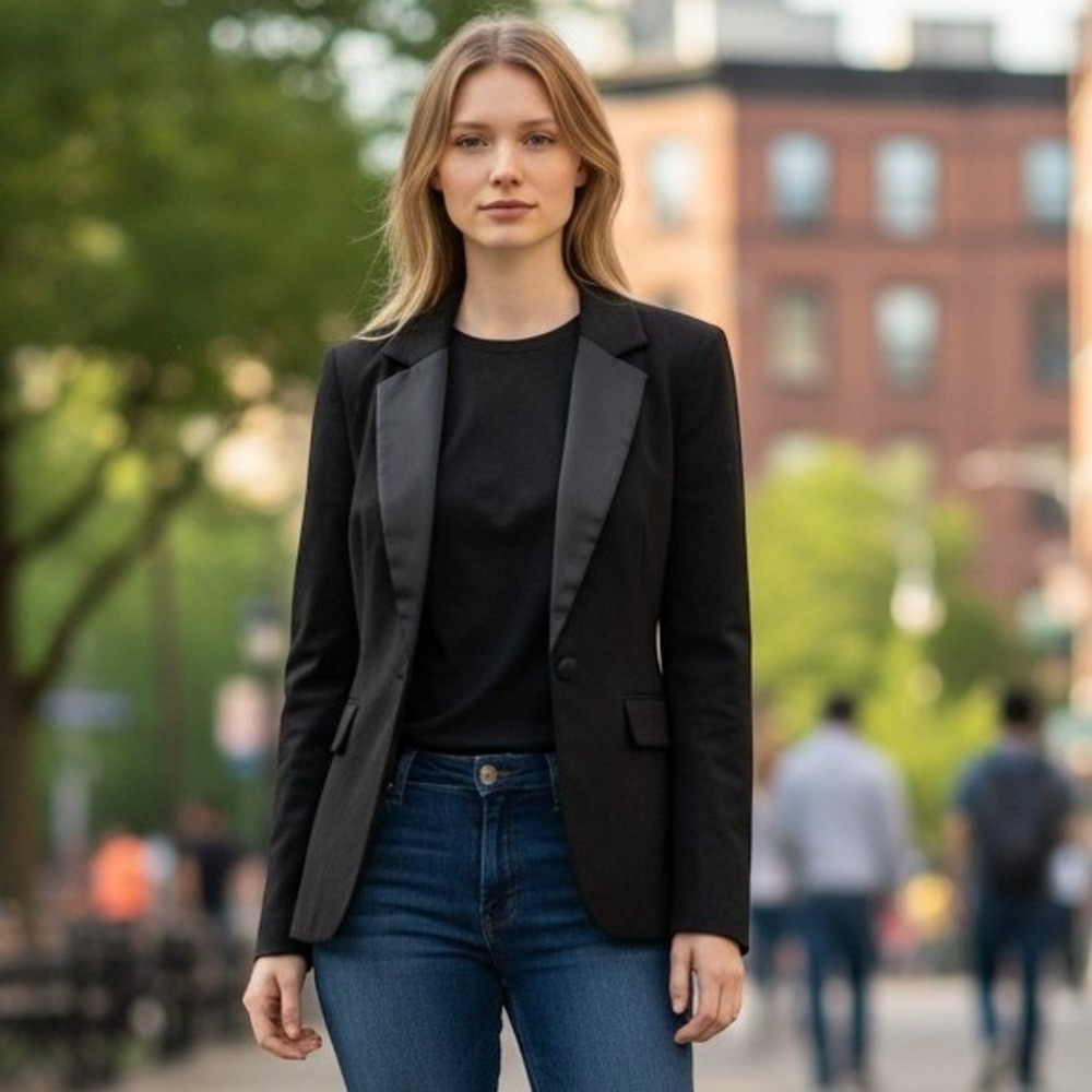 Cabi Blazer Women M Black Satin Peak Lapel Tuxedo Jacket Professional 3213